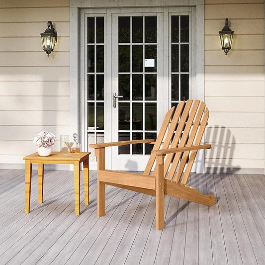 Tangkula Outdoor Adirondack Chair, Solid Acacia Wood Fire Pit Chair with Inclined Backrest, Curved Seat & Wide Armrests, Wooden Lawn Chair for Porch, Patio, Garden, Backyard, Deck (1, Natural)