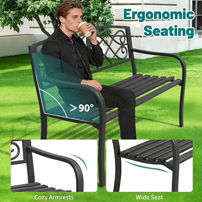 Metal Bench Patio Bench, Outdoor Benches Weatherproof with Floral Backrest, Wrought Iron Garden Benches for Outdoors, Patio, Garden, Park, 2 Pack