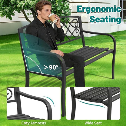 Metal Bench Patio Bench, Outdoor Benches Weatherproof with Floral Backrest, Wrought Iron Garden Benches for Outdoors, Patio, Garden, Park, 2 Pack