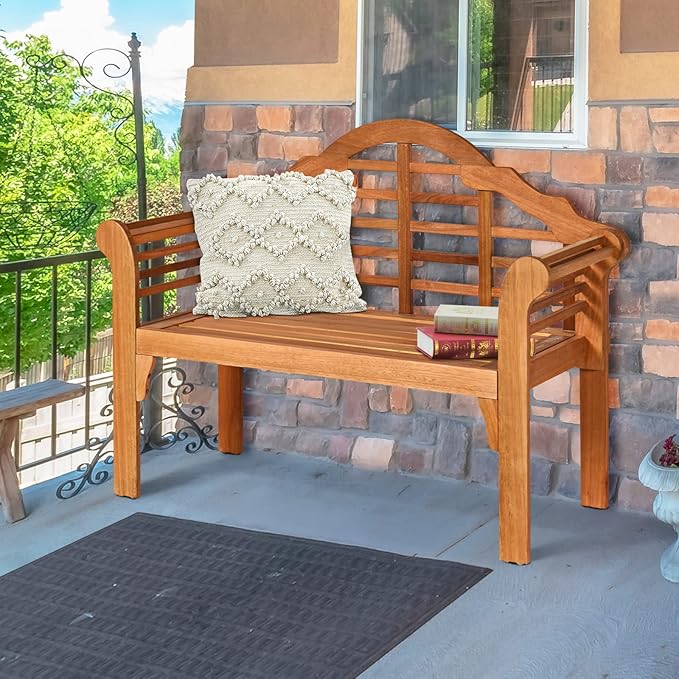 COSTWAY Folding Wooden Bench Outdoor, Crown-Like High Backrest, Patio Eucalyptus Wood Bench for Garden, Park & Porch - Photo 2