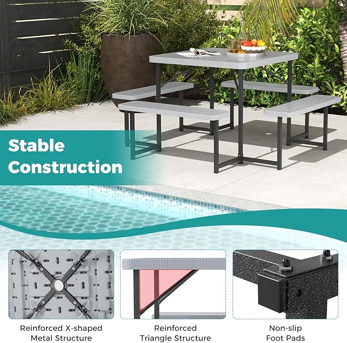 Giantex Picnic Table Bench Set for 4-8 People, 34" Outdoor Square Dining Table & 2 Benches w/Umbrella Hole - Photo 7