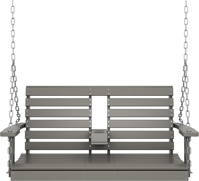 KINGYES Outdoor Hanging Porch Swing, 2 Seat Patio Chair With Cup Holders, Waterproof Bench for Courtyard & Garden - Photo 9