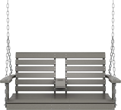 KINGYES Outdoor Hanging Porch Swing, 2 Seat Patio Chair With Cup Holders, Waterproof Bench for Courtyard & Garden, 660LBS Weight Capacity, Gray