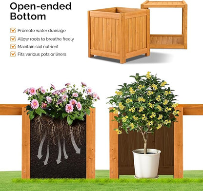 VINGLI Outdoor Wood Bench with Planter Boxes, 2-in-1 All-Weather Porch Bench Seat ＆ Open-Ended Wooden Raised Garden Bed, for Balcony Yard Patio (1 Box + Rectangle)