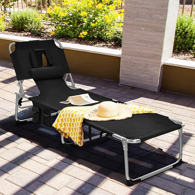 Goplus Tanning Chair, Folding Beach Lounge Chair with Face &Arm Hole, 5-Position Adjustable, Removable Pillow - Photo 2