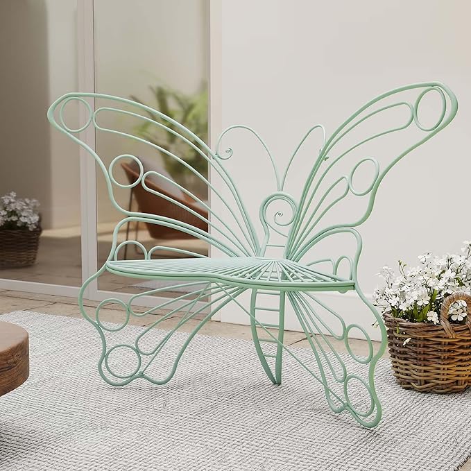 Pink Butterfly Benches Outdoors, Pretty Garden Bench & Cute Metal Outside Bench, Front Porch Benches Outdoor with Sturdy Frame for Lawn Yard Balcony (Green)