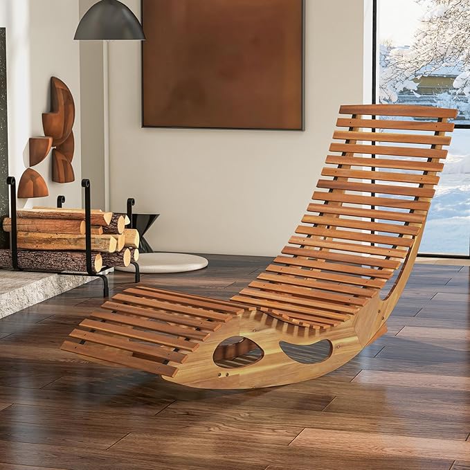 HAPPYGRILL Outdoor Acacia Wood Chaise Lounge Set of 2, Rocking Chair with High Back, Slatted Seat, Stopper, Outside Wood Rocker, 350 Lbs Capacity Sun Lounger