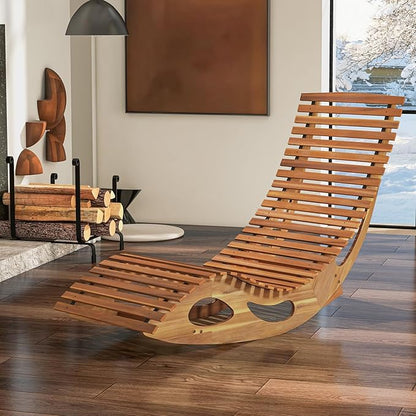 HAPPYGRILL Outdoor Acacia Wood Chaise Lounge Set of 2, Rocking Chair with High Back, Slatted Seat, Stopper, Outside Wood Rocker, 350 Lbs Capacity Sun Lounger