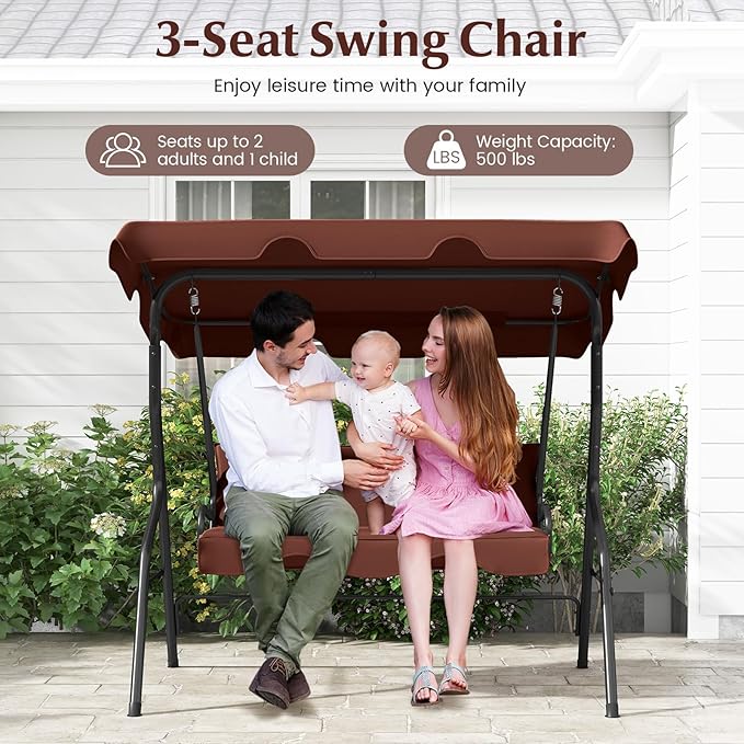 RELAX4LIFE 3-Person Porch Swing Chair - Outdoor Swing w/Adjustable Canopy, Removable Cushion & Metal Frame Stand - Photo 3