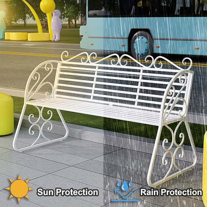 Elegant Metal Garden Bench, Sturdy Wrought Iron Bench with Decorative Design, Weather-Proof, 2-Person Capacity for Garden Backyard Lawn Porch Path(Green)