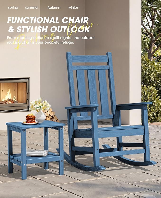 KINGYES Oversized Outdoor Rocking Chair Set of 4, All-Weather Patio Rocking Chairs for Porch, HDPE Outdoor Patio Rockers with High Back & Wide Seat for Garden, Lawn, Blue