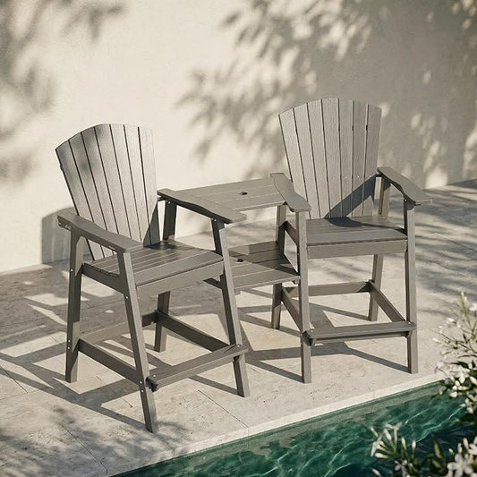 Kingdura Upgraded Tall Adirondack Chairs Set of 2, Weather Resistant HDPE Bar Height Outdoor Stools with Removable Double Connecting Trays, Wooden Grain for Patio, Balcony, Deck (Grey)