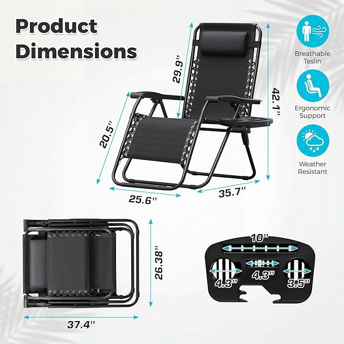 Homall Zero Gravity Chair Patio Folding Lawn Outdoor Lounge Gravity Camp Reclining Lounge Chair with Cup Holder Pillows - Photo 3