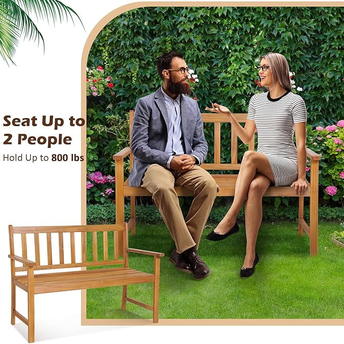 Wooden Garden Bench, Outdoor Bench Acacia Wood with Slatted Seat, Comfy Backrest & Armrest, 2-Person Loveseat Patio Bench for Porch Balcony Backyard Park, 800 LBS Max Load (48” x 22" x 34")