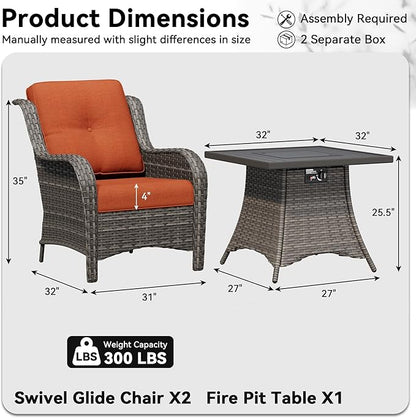 3 Pieces Outdoor Wicker Patio Furniture Set with Fire Pit Table, Patio Chair Set with Thickened Olefin Cushions, High Back and Deep Seating, Hand-Woven PE Rattan for Porch, Deck