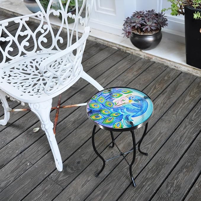 Side Table Outdoor Round End Table Metal Patio Table Glass Coffee Tea Table Nightstand for Living Room Bedroom Indoor Outdoor Use