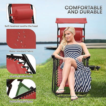 Athena Collection Patio Chairs Set of 2 Reclining Lounge Chair with Cup Holder and Pillow Fabric Camping Chairs with Canopy Foldable Beach Chairs for Garden, Park, Deck, Yard, Poolside, Maroon