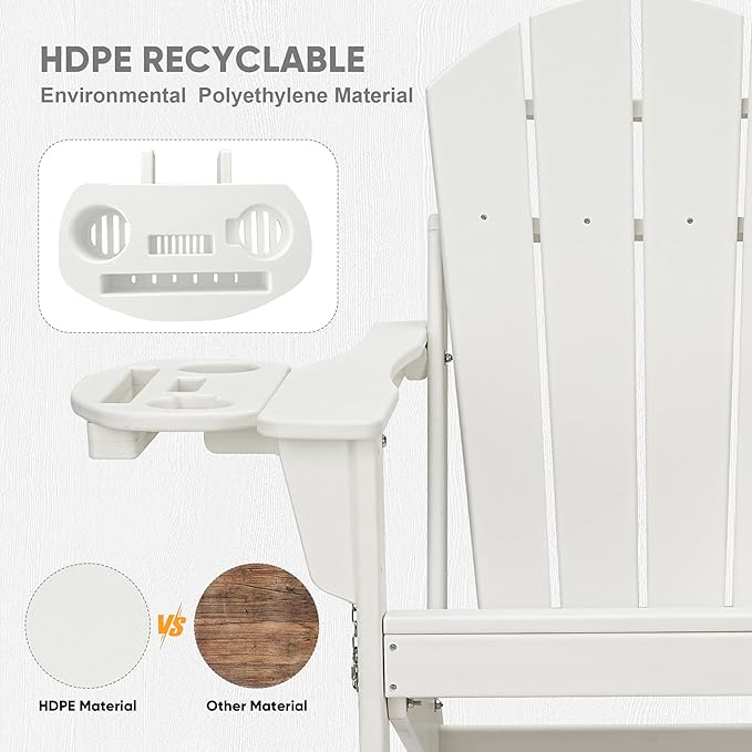 FOOWIN Folding Adirondack Chair Set of 2, HDPE Adirondack Chairs with Cup Holder, Weather Resistant Plastic Fire Pit Chairs for Outdoor, Patio, Lawn, Garden, Backyard, Deck, White