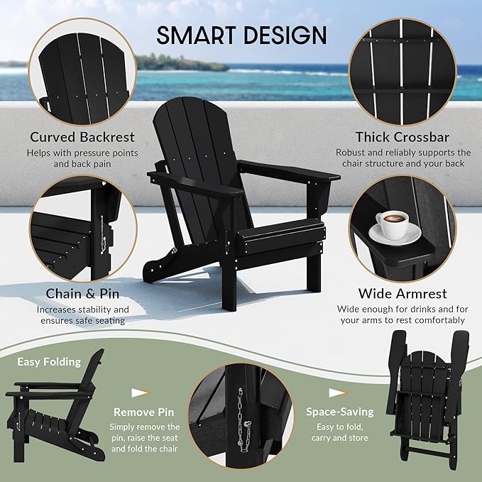 WestinTrends Malibu Malibu Outdoor Folding Poly Adirondack Chair (Set of 8), Black