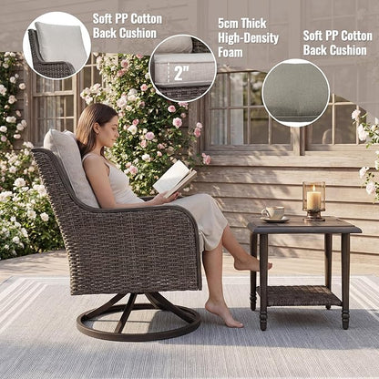 2 Pieces Patio Furniture Sets-Swivel Patio Chairs with High Back Cushions and Wicker Outdoor Side Table,All Weather Patio Conversation Set for Garden Backyard Porch Deck