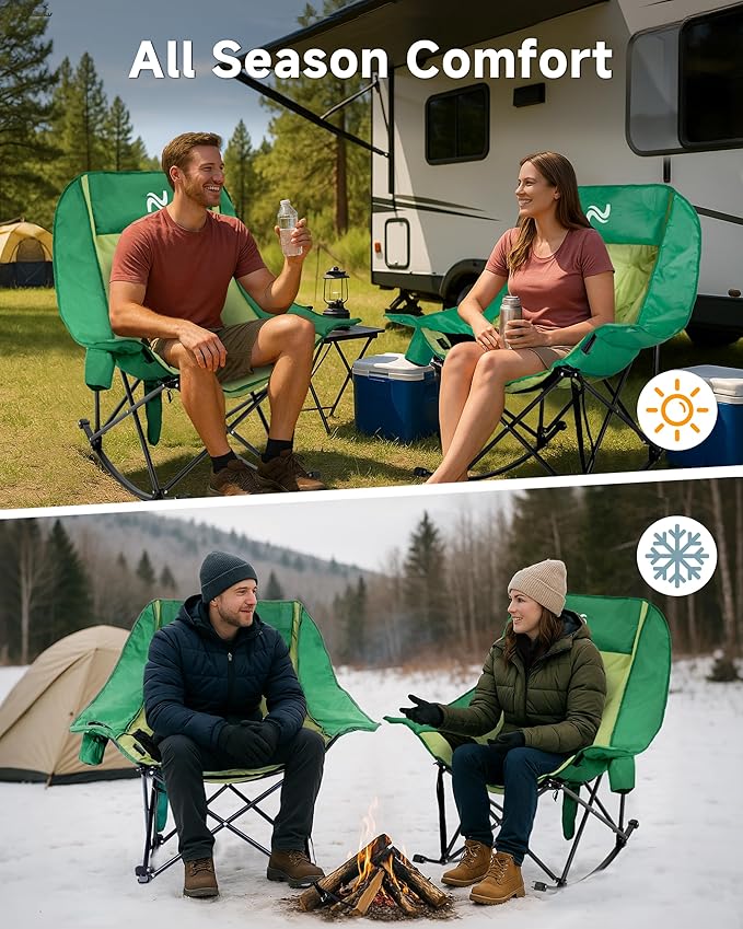 Slsy Oversized Heated Rocking Camping Chair for Adults, 400 lbs Heavy Duty Padded Recliner with Side Pocket, Cup Holder & Carry Bag, Foldable Outdoor Lawn Chair for Patio, Backyard, or Camp