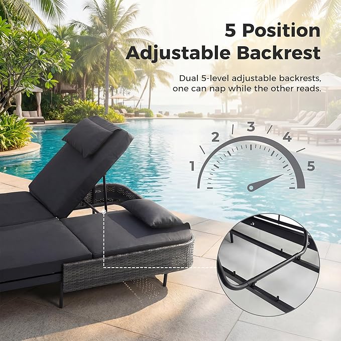 RADIATA 51.2" Outdoor Loveseat Sofa Bed, PE Wicker Patio Daybed with 2-Person Double Chaise Lounge - Photo 5