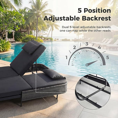 RADIATA 51.2" Outdoor Loveseat Sofa Bed, PE Wicker Patio Daybed with 2-Person Double Chaise Lounge, Independent 5-Position Adjustable Backrest, All-Weather Poolside Furniture