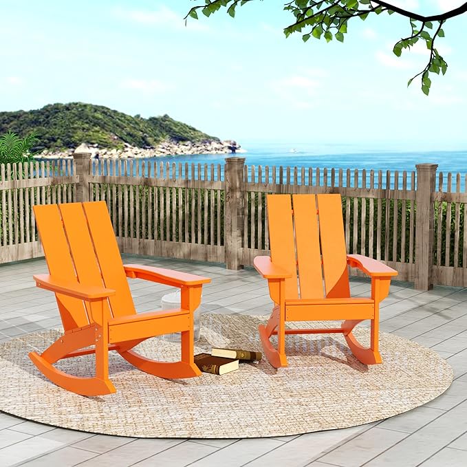 WO WESTIN OUTDOOR HDPE Shoreside Modern Rocking Poly Adirondack Chair (Set of 2),Orange