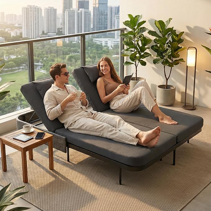 RADIATA 51.2" Outdoor Loveseat Sofa Bed, PE Wicker Patio Daybed with 2-Person Double Chaise Lounge - Photo 4