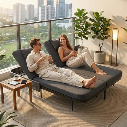 RADIATA 51.2" Outdoor Loveseat Sofa Bed, PE Wicker Patio Daybed with 2-Person Double Chaise Lounge, Independent 5-Position Adjustable Backrest, All-Weather Poolside Furniture