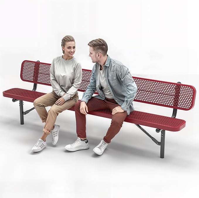 Heavy-Duty Outdoor Metal Bench, Thermoplastic-Coated, Inground, Weatherproof, Commercial-Grade for Parks, Gardens, Patios, Stores & More (8 Ft - Inground with Back, Red)