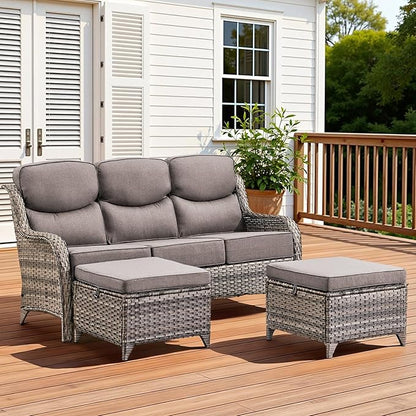 3PCS Patio Furniture Sofa Set with 6" Thick Cushions, High Back Wicker Sectional Outdoor Sofa with Ottomans, Outdoor Seating Furniture High Back Conversation Set for Balcony Deck Porch Backyard, Grey