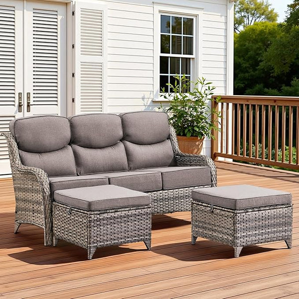 3PCS Patio Furniture Sofa Set with 6" Thick Cushions, High Back Wicker Sectional Outdoor Sofa with Ottomans - Photo 1