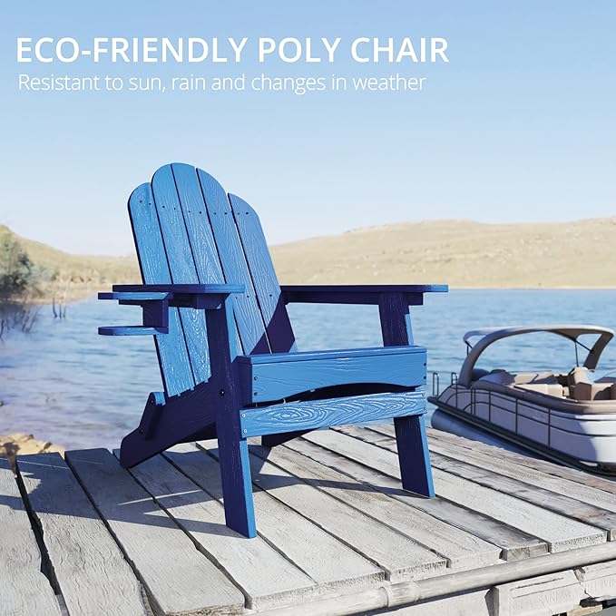 LUE BONA Folding Adirondack Chair Set of 2, HDPS Weather Resistant Outdoor Patio Chair for Balcony Garden, 350lbs Heavy Duty, One-Step No-Pin Folding, Wood Grain Texture, Fire Pit Seating, Navy Blue