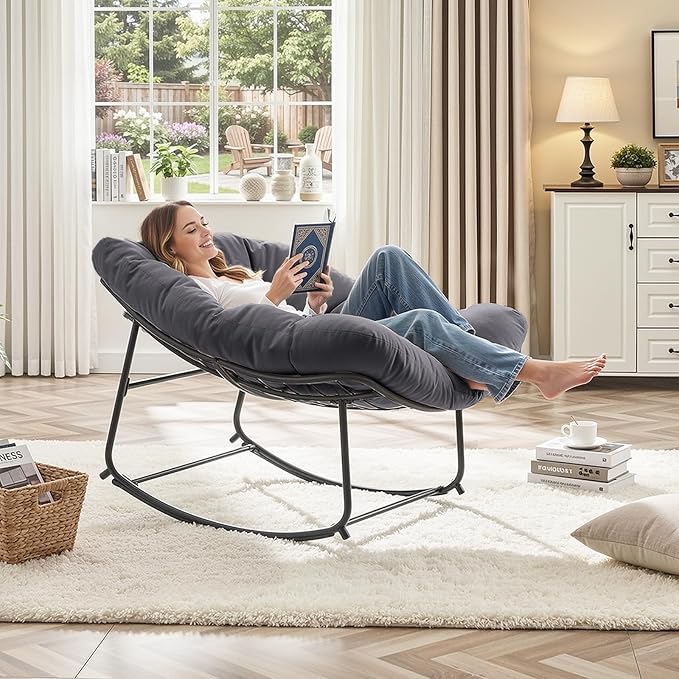 ONBRILL Papasan Rocking Chair with Cushion, Oversized Patio Lounge Rocker, Egg Chair Outdoor Indoor, for Living Room - Photo 5