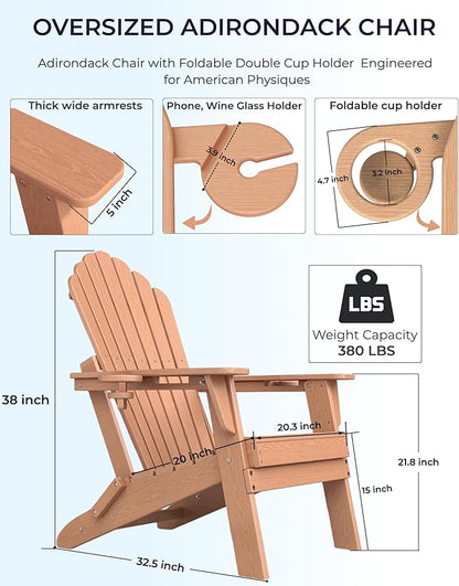 Oversized Adirondack Chair with Dual Cup Holders, Ergonomic High Back HDPE Fire Pit Chair, 380lbs Capacity All-Weather Outdoor Patio Lounge Chair for Garden, Deck, Yard - Cedar