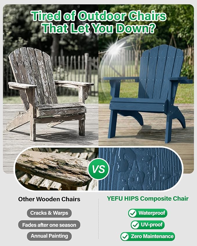 YEFU Oversized Plastic Adirondack Chair Set of 4 with Cup-Holder, Weather Resistant, Poly Lumber Outdoor Chairs Duty Rating Widely Used in Patio, Lawn, Outside, Deck, Garden Chair-Navy Blue