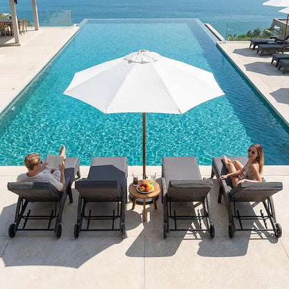Chaise Lounge Chairs Set of 4, Upholstered 4-Positions Adjustable Lounge Chairs, Wicker Outdoor Long Reclining Chaise Lounge Set Pool Lounge Chairs with Wheels for/Deck/Beach/Yard, Grey