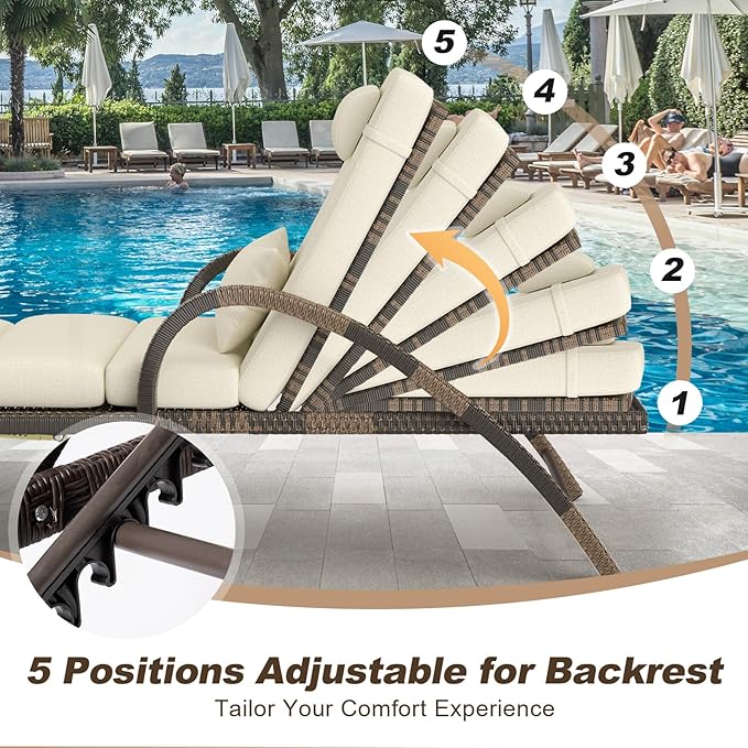 MEISSALIVVE Outdoor Lounge Chairs Set of 4, Patio Chaise Loungers with Adjustable 5-Position & Leg Support, PE Rattan Chaise Lounge, Wicker Pool Recliners Chair for Backyard, Porch, Deck, （Brown
