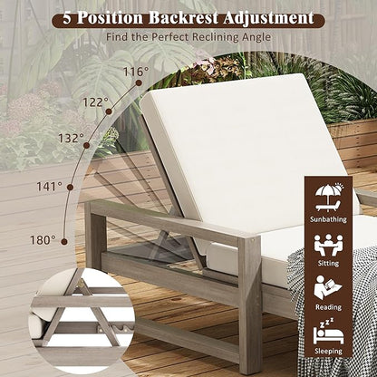 Outdoor Chaise Lounge Chair Set of 3, Patio Chaise Lounge Recliner with Adjustable Backrest, Acacia Wood Poolside Chaise Lounge with Thick All-Weather Cushions for Patio, Deck and Backyard(B)