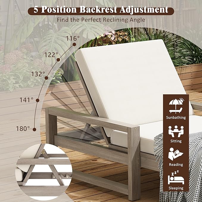 Outdoor Chaise Lounge Chair, Patio Chaise Lounge Recliner with Adjustable Backrest, Acacia Wood Poolside Chaise Lounge with Thick All-Weather Cushions for Patio, Deck and Backyard(B)