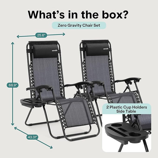SereneLife Zero Gravity Outdoor Lounge Chairs 2 Pack – Folding Recliners with Side Table, Cup Holder & Padded Headrest – Adjustable Patio Chairs for Lawn, Garden, Deck, Camping (Black)