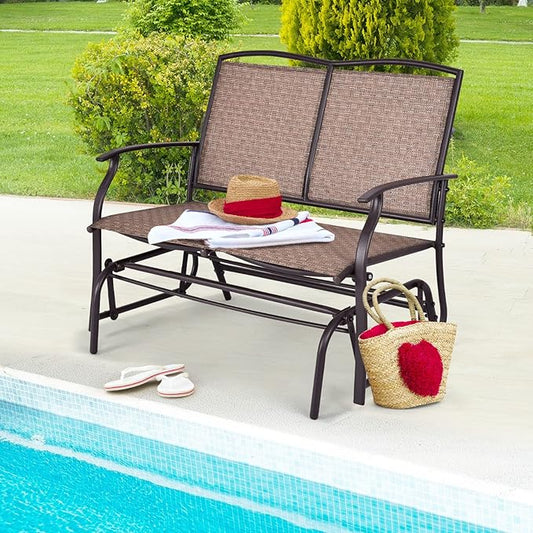 Byroce 2-Person Patio Outdoor Glider Bench, Double Swing Loveseat Rocker with Heavy Duty Metal Frame, 400 LBS, Rocking Chair for Backyard, Balcony, Garden, Poolside, Deck, Front Porch (Brown)
