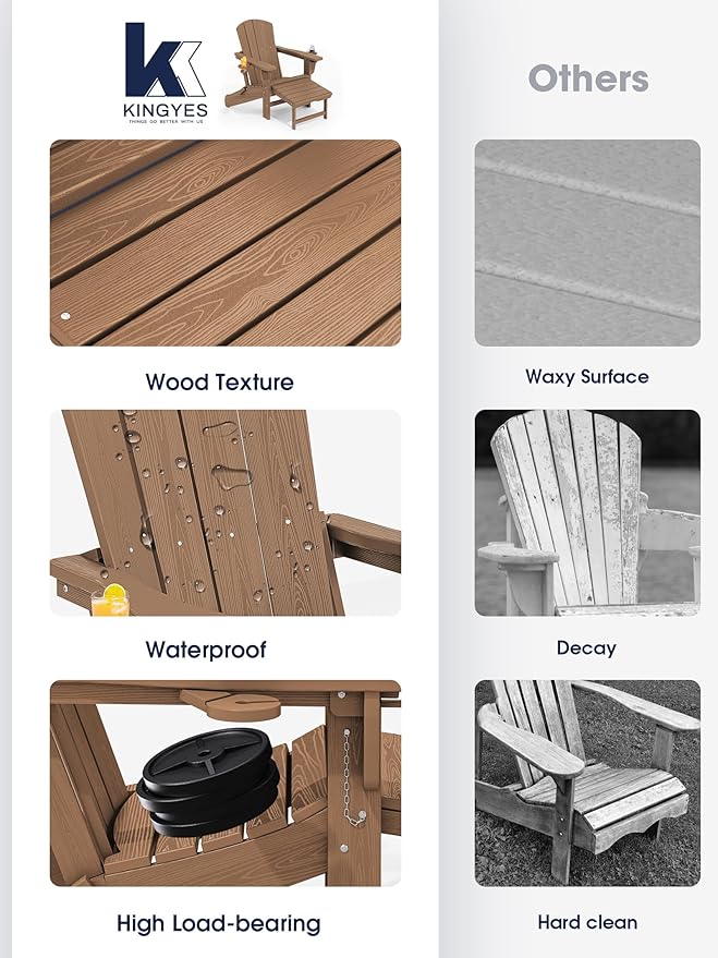 KINGYES Folding Adjustable Adirondack Chair with Ottoman & 2 Cup Holders Set of 4 - Photo 9