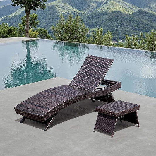 Patio Chaise Lounge Set of 1 Foldable Chair + 1 Table, Outdoor Rattan Adjustable Back Patio Folding Chaise Lounge and Coffee Table for Beach Sunbathing