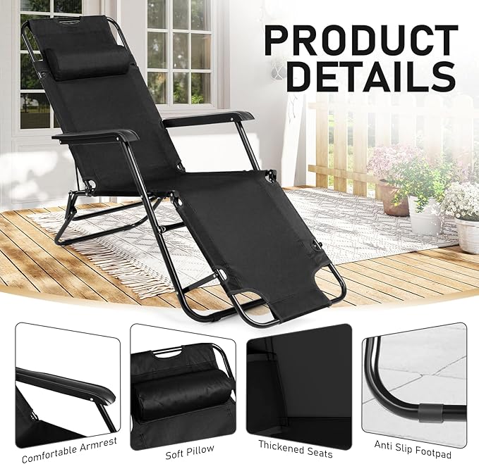 Outvita Folding Chaise Lounge Chair, Outdoor Adjustable Recliner Chair with Pillow for Camping, Beach, Poolside, Garden - Photo 5
