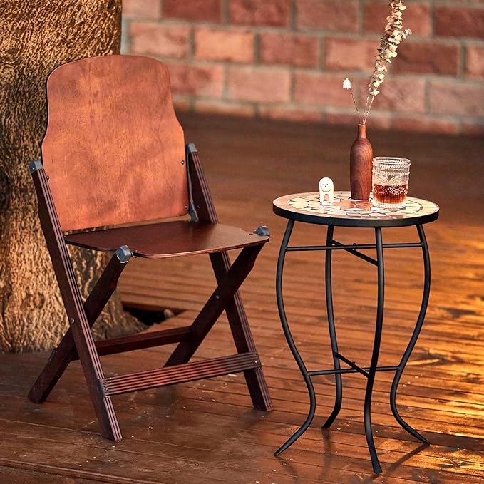 VONLUCE Mosaic Side Table and Plant Stand, 21" Round End Table with 14" Ceramic Tile Top, Indoor & Outdoor Accent Table - Photo 8