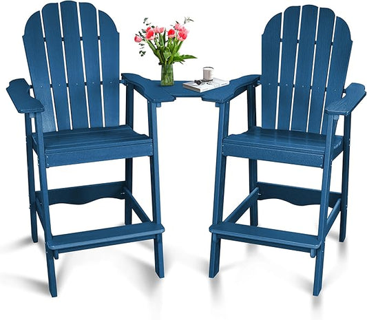 FRUITEAM Tall-Adirondack-Chairs Set of 2, High Adirondack Chair Low-Maintenance Poly Balcony Chairs Set with Connecting Tray, Outdoor Weather-Resistant Deck Chairs, for Patio Pool Yard