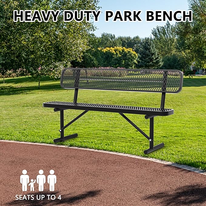 72" Metal Park Benches for Outside - Black Outdoor Benches Heavy Duty Garden Weatherproof Bench with Backrest, Buddy Bench for Schools,Commercial Benches for Shopping Mall, Store, Yard, Patio