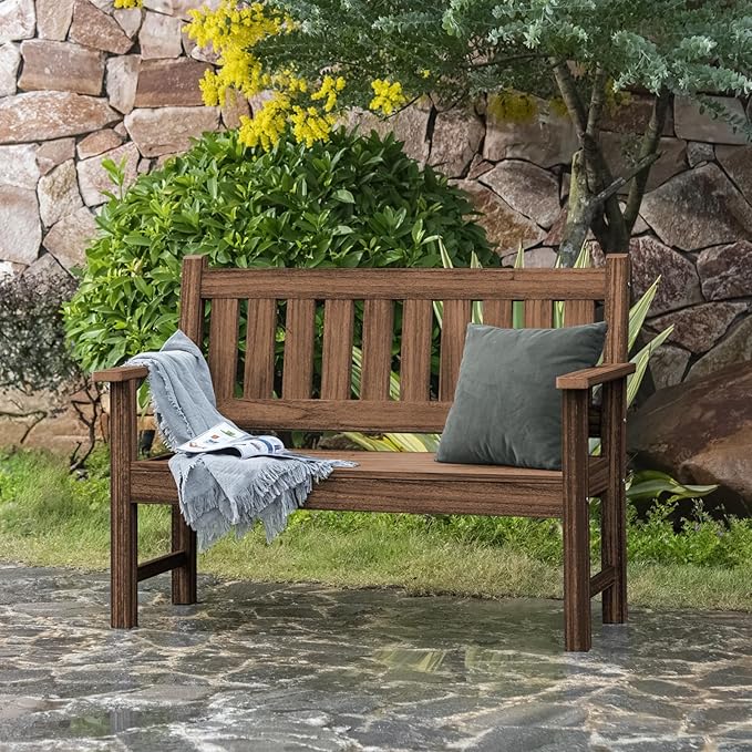 Outdoor Bench, 2-Person Garden Bench, Poly Lumber Patio Bench for Outdoors, Porch, and Park (Brown)